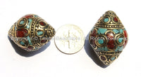 4 beads - Ethnic Nepal Tibetan Thick Bicone Beads with Intricate Brass, Turquoise  & Coral Inlays - B2297-4