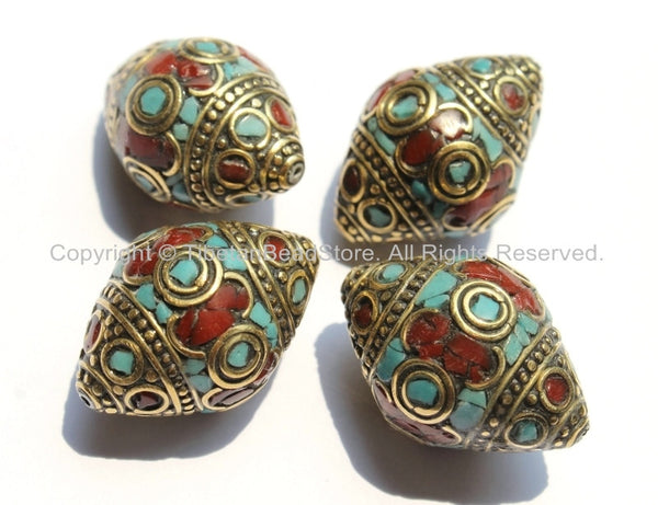4 beads - Ethnic Nepal Tibetan Thick Bicone Beads with Intricate Brass, Turquoise  & Coral Inlays - B2297-4