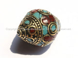 Big Ethnic Nepal Tibetan Thick Bicone Bead with Intricate Brass, Turquoise  & Coral Inlays - 1 BEAD - Handmade Tibetan Beads - B2297B-1