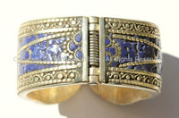Handmade LARGE Ethnic Tibetan Hinged Bracelet Cuff with Lapis Inlays - Ethnic Tibetan Jewelry - C98