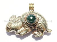 Tibetan Reversible Repousse Carved Hare Rabbit Pendant with Faceted Green Onyx Inlay - Tibetan Pendant - Handmade Tibetan Jewelry - WM5332