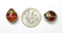2 BEADS - Tibetan Carnelian Beads with Brass Caps - Ethnic Handmade Tibetan Beads - B1409-2