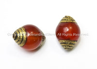 2 BEADS - Tibetan Carnelian Beads with Brass Caps - Ethnic Handmade Tibetan Beads - B1409-2