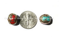10 beads - Tibetan Oval Beads with Brass, Turquoise, Coral Inlay - Ethnic Nepalese Tibetan Brass Inlay Beads - B1388-10