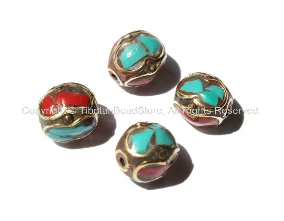 4 beads - Tibetan Oval Beads with Brass, Turquoise, Coral Inlay - Ethnic Nepalese Tibetan Brass Inlay Beads - B1388-4