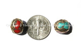 2 beads - Tibetan Oval Beads with Brass, Turquoise, Coral Inlay - Ethnic Nepalese Tibetan Brass Inlay Beads - B1388