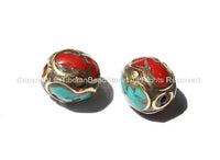 2 beads - Tibetan Oval Beads with Brass, Turquoise, Coral Inlay - Ethnic Nepalese Tibetan Brass Inlay Beads - B1388