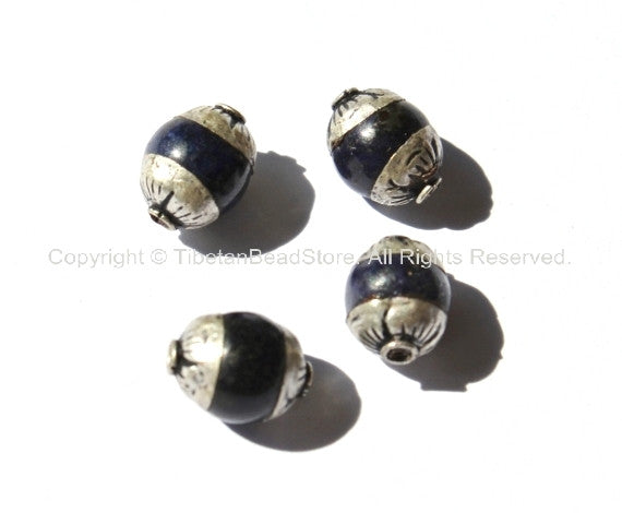 4 beads - Small Lapis Tibetan Beads with Repousse Sterling Silver Caps - Handmade Tibetan Beads - B988-4
