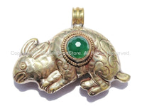 Tibetan Reversible Repousse Carved Hare Rabbit Pendant with Faceted Green Onyx Inlay - Tibetan Pendant - Handmade Tibetan Jewelry - WM5338