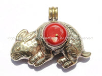 AS IS Tibetan Reversible Repousse Tibetan Silver Hare Pendant with Coral Inlay - Tibetan Rabbit Pendant - Handmade Tibetan Jewelry - WM5333