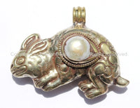 Tibetan Reversible Repousse Tibetan Silver Hare Pendant with Pearl Inlay - Handmade Tibetan Jewelry - WM5336
