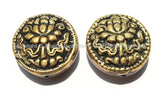 2 Beads - Big Tibetan Repousse Carved Brass Auspicious Lotus Round Disc Shape Beads with Coral Side Inlays -  B2292-2