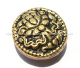 1 Bead - Big Tibetan Repousse Carved Brass Auspicious Lotus Round Disc Shape Bead with Coral Side Inlays -  B2292-1