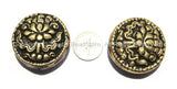 1 Bead - Big Tibetan Repousse Carved Brass Auspicious Lotus Round Disc Shape Bead with Coral Side Inlays -  B2292-1