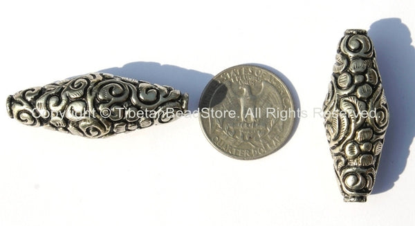 1 BEAD - Tibetan Thick Bicone Floral Repousse Silver-plated Metal Bead - Ethnic Artisan Handmade Metal Beads - Tibetan Beads - B1856-1
