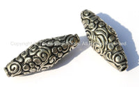 2 BEADS - Tibetan Thick Bicone Floral Repousse Silver-plated Metal Beads - 16mm x 42mm - Ethnic Artisan Handmade Metal Beads -  B1856-2