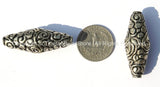 2 BEADS - Tibetan Thick Bicone Floral Repousse Silver-plated Metal Beads - 16mm x 42mm - Ethnic Artisan Handmade Metal Beads -  B1856-2