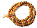 108 Beads - Tibetan Amber Copal Mala Prayer Beads with Turquoise, Coral, Brass & Copper Inlays - PB16S - TibetanBeadStore