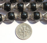 4 BEADS - Tibetan Black Onyx Beads with Tibetan Silver Caps - Ethnic Tibetan Beads - Handmade Tibetan Black Onyx Beads - B1808S-4