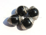 4 BEADS - Tibetan Black Onyx Beads with Tibetan Silver Caps - Ethnic Tibetan Beads - Handmade Tibetan Black Onyx Beads - B1808S-4