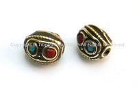 2 beads - Tibetan Oval Beads with Circles, Brass, Turquoise & Copal Coral Inlays - Ethnic Tibetan Beads - B1600-2