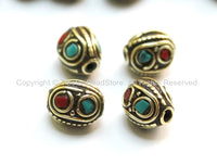 4 beads - Tibetan Oval Beads with Circles, Brass, Turquoise & Coral Inlays - Ethnic Tibetan Beads - B1600-4