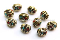 2 beads - Tibetan Oval Beads with Circles, Brass, Turquoise & Copal Coral Inlays - Ethnic Tibetan Beads - B1600-2