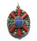 Tibetan Flower Pendant with Lapis, Turquoise & Coral Inlays - Tibetan Pendant - Boho Ethnic Tribal Tibetan Jewelry - WM6070