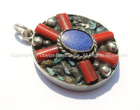 2 PENDANTS - Tibetan Flower Pendants with Lapis, Turquoise & Coral Inlays - Boho Ethnic Tribal Tibetan Pendant - WM6070-2