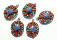 2 PENDANTS - Tibetan Flower Pendants with Lapis, Turquoise & Coral Inlays - Boho Ethnic Tribal Tibetan Pendant - WM6070-2