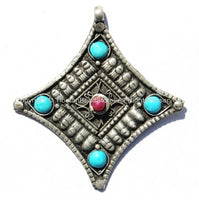 Tibetan Antiqued Diamond-Shaped Pendant with Bead Inlays - Tibetan Pendants Jewelry Making Beading Supplies- TibetanBeadStore - WM140