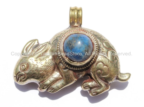 Tibetan Reversible Repousse Tibetan Silver Hare Pendant with Lapis Inlay - Tibetan Rabbit Pendant - Handmade Tibetan Jewelry - WM5334