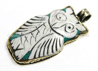 Reversible Ethnic Tribal Tibetan Antiqued Carved Bone Lion Pendant with Turquoise Inlays, Brass Carving on Back & Edging - WM4758