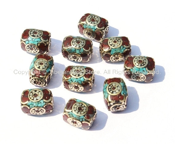 10 Beads - Tibetan Rectangle Box Beads with Brass, Turquoise & Copal Inlays - Unique Ethnic Nepal Tibet Beads - B274