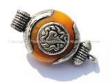 Small Ethnic Tibetan Amber Copal Ghau Amulet Charm Pendant with Tibetan Silver Caps, Repousse Auspicious Conch & Coral Inlay Accent - WM4863