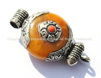 Small Ethnic Tibetan Amber Copal Ghau Amulet Charm Pendant with Tibetan Silver Caps, Repousse Auspicious Conch & Coral Inlay Accent - WM4863