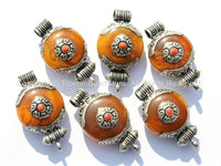 Small Ethnic Tibetan Amber Copal Ghau Amulet Charm Pendant with Tibetan Silver Caps, Repousse Auspicious Conch & Coral Inlay Accent - WM4863
