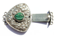 OOAK LARGE Ethnic Tibetan Repousse Carved Tibetan Silver Clasp with Green Quartz Center & Floral Details - Focal Tibetan Clasp - B2616