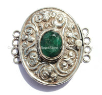 OOAK LARGE Ethnic Tibetan Repousse Carved Tibetan Silver Clasp with Green Quartz Center & Floral Details - Focal Tibetan Clasp - B2607