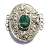 OOAK LARGE Ethnic Tibetan Repousse Carved Tibetan Silver Clasp with Green Quartz Center & Floral Details - Focal Tibetan Clasp - B2607
