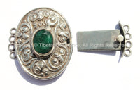 OOAK LARGE Ethnic Tibetan Repousse Carved Tibetan Silver Clasp with Green Quartz Center & Floral Details - Focal Tibetan Clasp - B2607