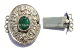 OOAK LARGE Ethnic Tibetan Repousse Carved Tibetan Silver Clasp with Green Quartz Center & Floral Details - Focal Tibetan Clasp - B2607