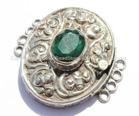 OOAK LARGE Ethnic Tibetan Repousse Carved Tibetan Silver Clasp with Green Quartz Center & Floral Details - Focal Tibetan Clasp - B2607
