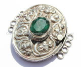 OOAK LARGE Ethnic Tibetan Repousse Carved Tibetan Silver Clasp with Green Quartz Center & Floral Details - Focal Tibetan Clasp - B2607