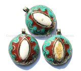 Ethnic Tibetan Reversible Naga Conch Shell Inlay Pendant with Repousse Brass Auspicious Conch & Lotus, Turquoise, Copal Inlays - WM4816