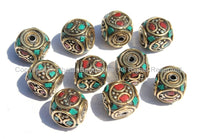 10 beads - Tibetan Cube Shaped Beads with Brass Circle, Studs, Turquoise & Coral Inlays - Ethnic Nepal Tibetan Cube Beads - B2000-10