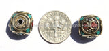 10 beads - Tibetan Cube Shaped Beads with Brass Circle, Studs, Turquoise & Coral Inlays - Ethnic Nepal Tibetan Cube Beads - B2000-10