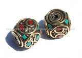 2 beads - Tibetan Cube Shaped Beads with Brass Circle, Studs, Turquoise & Coral Inlays - Ethnic Nepal Tibetan Cube Beads - B2000-2