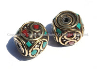 2 BEADS - Tibetan Cube Shaped Beads with Brass Circle, Studs, Turquoise & Coral Inlays - Tibetan Cube Box Shaped Beads - B2000B-2