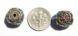 2 BEADS - Tibetan Cube Shaped Beads with Brass Circle, Studs, Turquoise & Coral Inlays - Tibetan Cube Box Shaped Beads - B2000B-2
